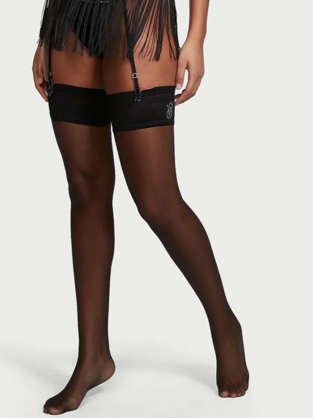Victoria's Secret Crystal Logo Band Thigh Highs Hosiery Large Black